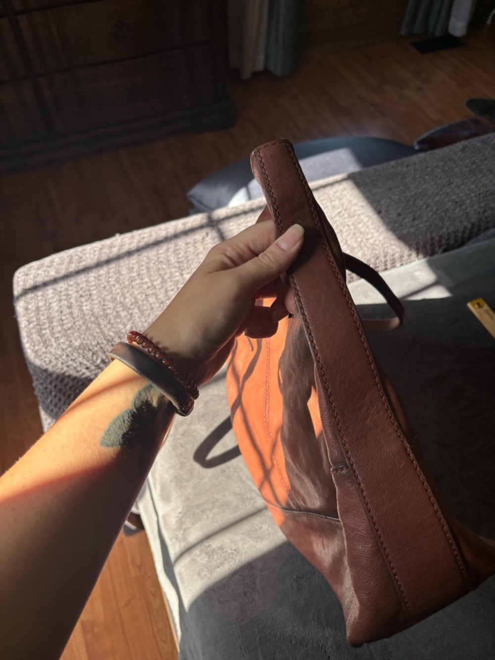 Frye Leather Ring Tote Bag Purse, Cognac, Genuine Leather - Picture 8 of 14